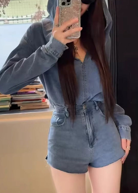 Blue Denim Hooded Top and Shorts Two Pieces Set Spring Rp007