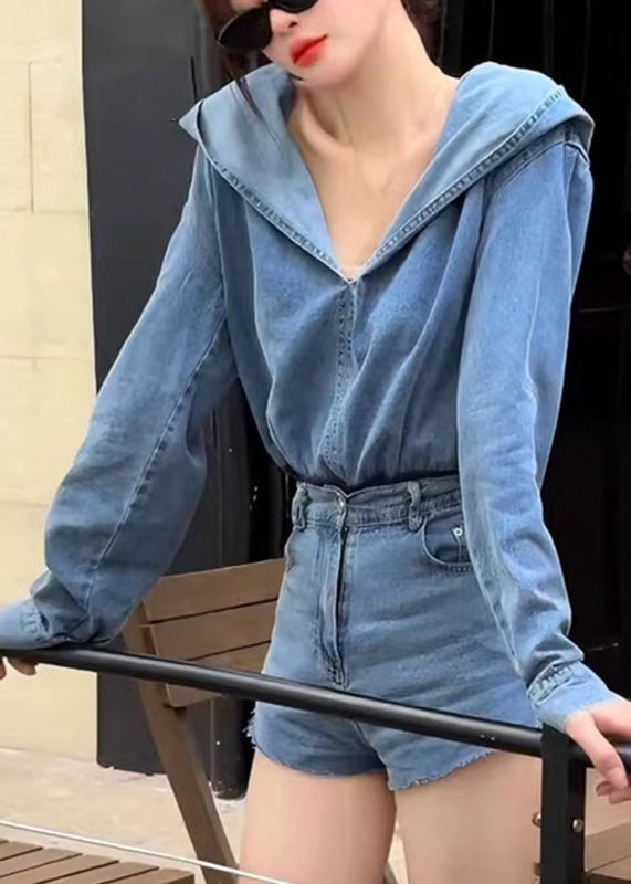 Blue Denim Hooded Top and Shorts Two Pieces Set Spring Rp007
