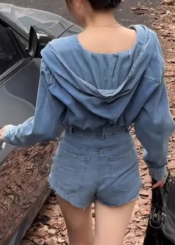 Blue Denim Hooded Top and Shorts Two Pieces Set Spring Rp007