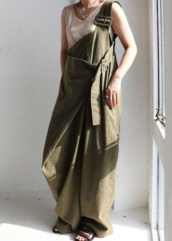 Green One Shoulder Pockets Cotton Strap Jumpsuit Summer Tl030