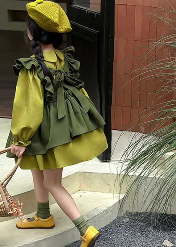 Green Peter Pan Collar Ruffled Kids Long Waistcoat and Mid Dresstwo Pieces Set Long Sleeve Ss1033