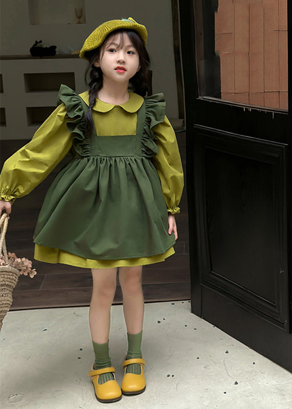Green Peter Pan Collar Ruffled Kids Long Waistcoat and Mid Dresstwo Pieces Set Long Sleeve Ss1033