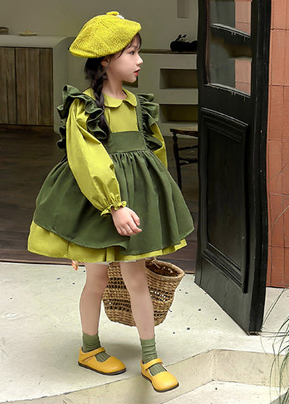 Green Peter Pan Collar Ruffled Kids Long Waistcoat and Mid Dresstwo Pieces Set Long Sleeve Ss1033