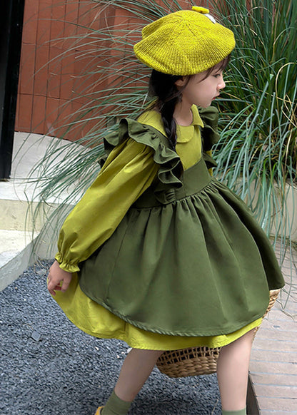 Green Peter Pan Collar Ruffled Kids Long Waistcoat and Mid Dresstwo Pieces Set Long Sleeve Ss1033