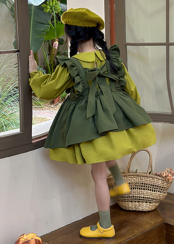 Green Peter Pan Collar Ruffled Kids Long Waistcoat and Mid Dresstwo Pieces Set Long Sleeve Ss1033