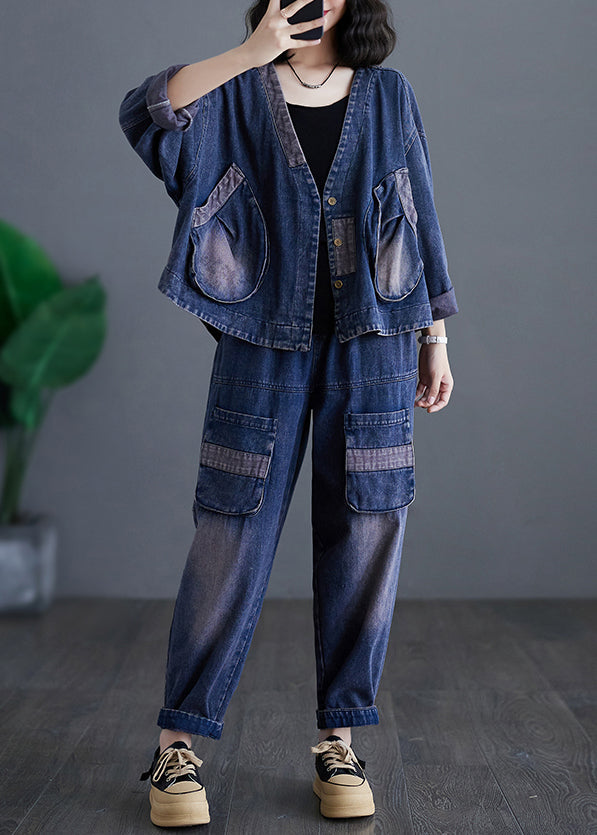 Navy V Neck Patchwork Denim Coats and Harem Pants Two Pieces Sets Long Sleeve Ap032
