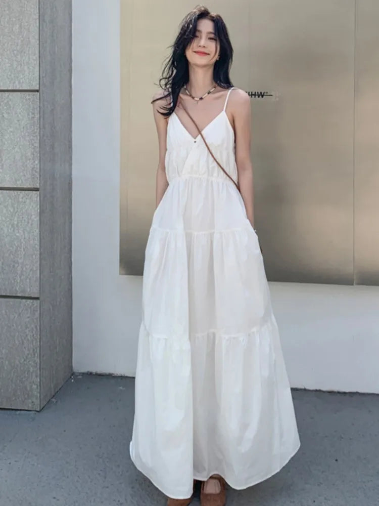Loose Summer Dress Spaghetti Strap V-neck Vocation Vestidos Korean A-line Clothes New Long Dresses