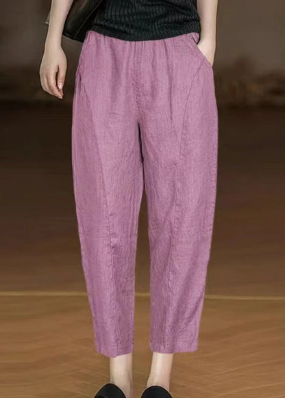 Yellow Pockets Elastic Waist Cotton Crop Pants Summer Au1045