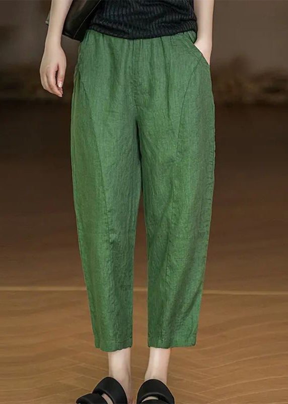 Yellow Pockets Elastic Waist Cotton Crop Pants Summer Au1045