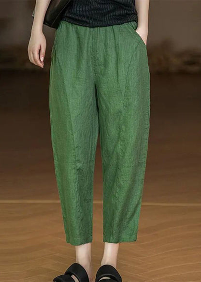 Yellow Pockets Elastic Waist Cotton Crop Pants Summer Au1045