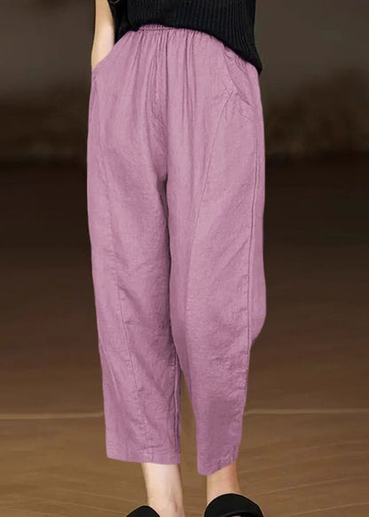 Yellow Pockets Elastic Waist Cotton Crop Pants Summer Au1045