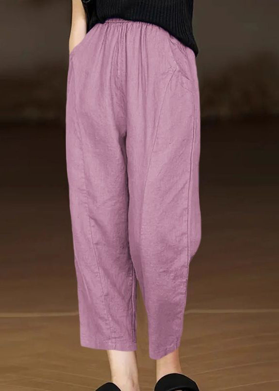 Yellow Pockets Elastic Waist Cotton Crop Pants Summer Au1045