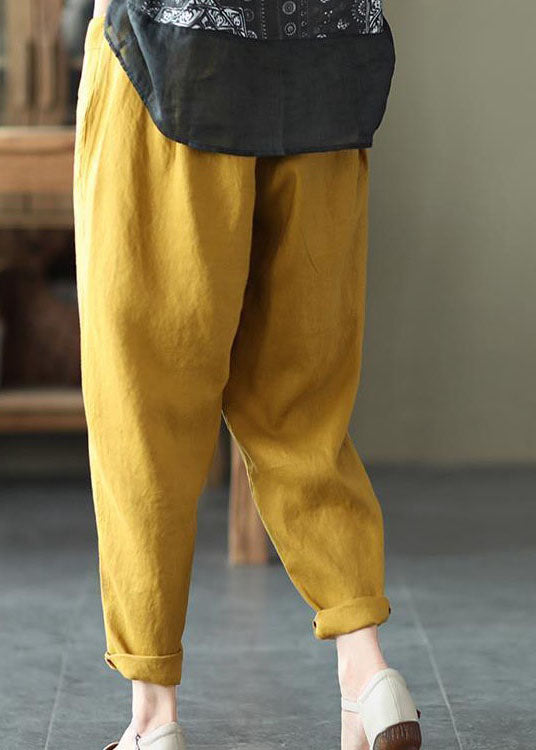Yellow Pockets Patchwork Elastic Waist Linen Pants Summer Ly0584