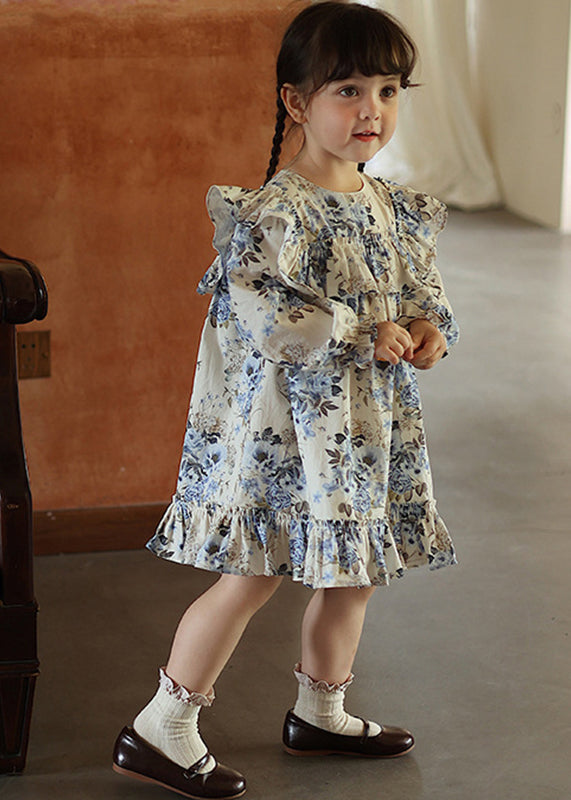 Blue Ruffled Patchwork Kids Vacation Long Dresses Fall Ss1045