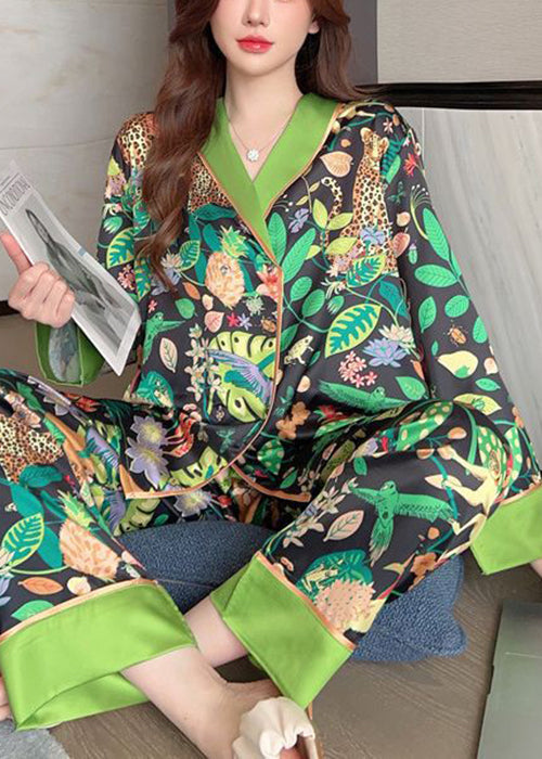 Green Peter Pan Collar Print Ice Silk Pajamas Two-piece Set Spring Yk010
