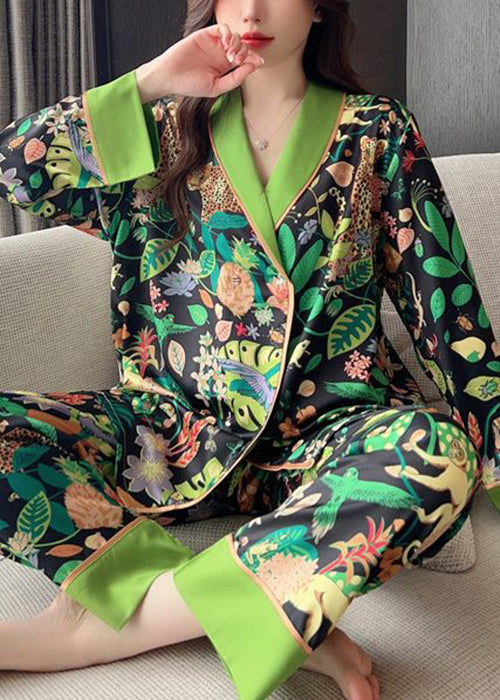 Green Peter Pan Collar Print Ice Silk Pajamas Two-piece Set Spring Yk010