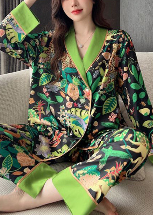 Green Peter Pan Collar Print Ice Silk Pajamas Two-piece Set Spring Yk010
