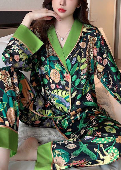 Green Peter Pan Collar Print Ice Silk Pajamas Two-piece Set Spring Yk010