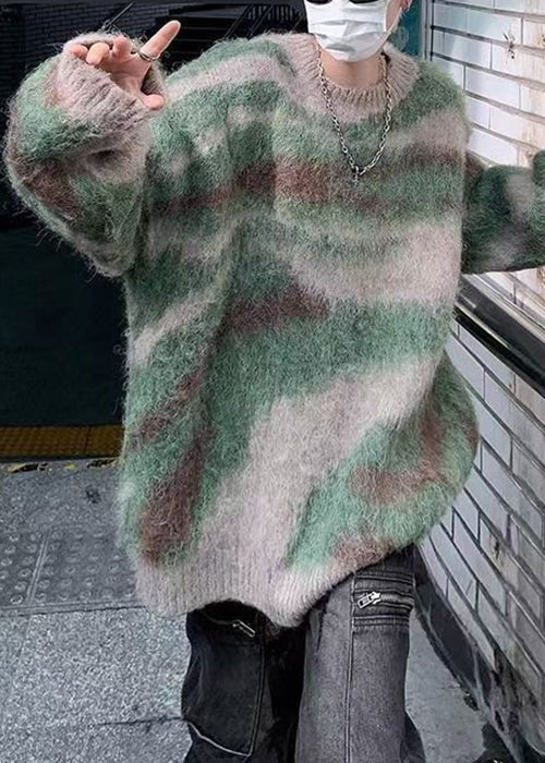 Green Striped Patchwork Knit Sweaters Winter Rc028