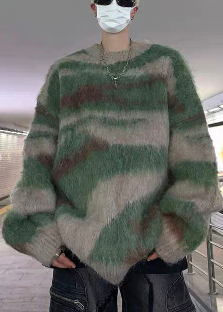 Green Striped Patchwork Knit Sweaters Winter Rc028