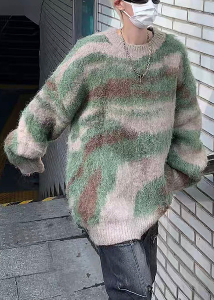 Green Striped Patchwork Knit Sweaters Winter Rc028