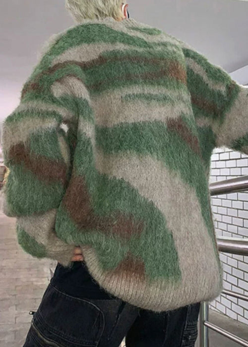 Green Striped Patchwork Knit Sweaters Winter Rc028