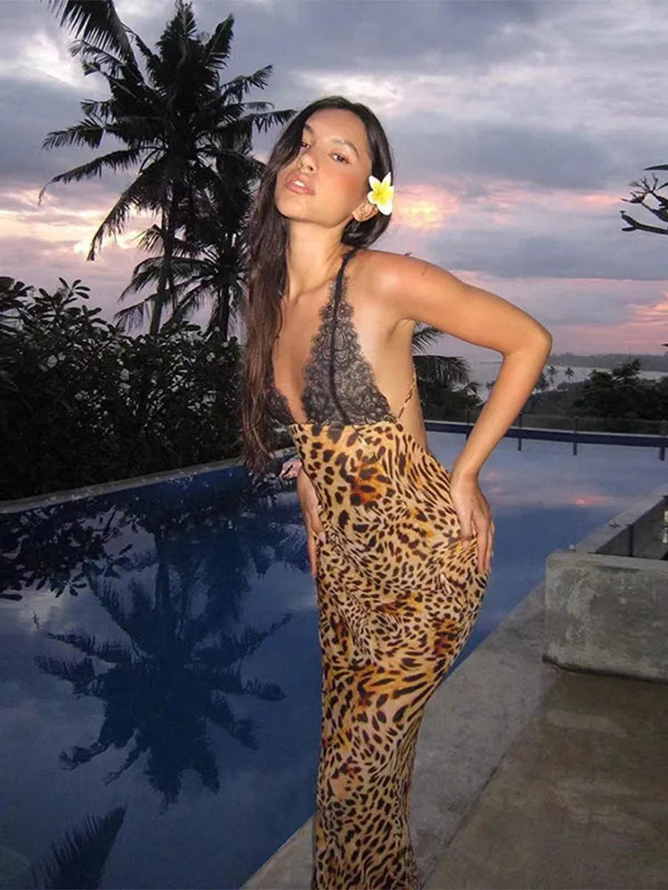 Lace Leopard Patchwork Halter Long Dress V-neck Sleeveless Backless Dress Lady Party Bodycon Dress