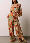 Orange V Neck Print Lace Up Jumpsuits Half Sleeve Au1009