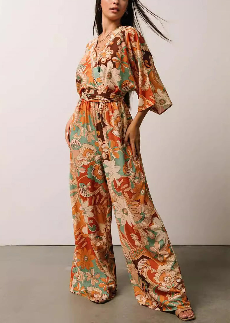 Orange V Neck Print Lace Up Jumpsuits Half Sleeve Au1009