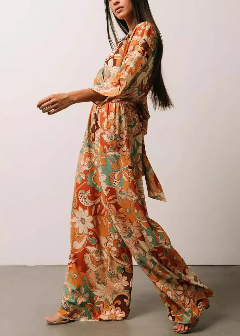 Orange V Neck Print Lace Up Jumpsuits Half Sleeve Au1009