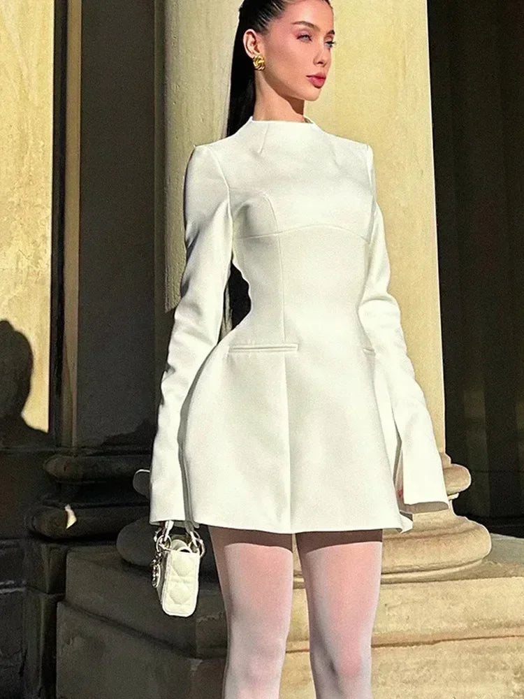 Round Neck Long Sleeved Mini Dress Backless Slim Fit A-line Vestidos Lady Party Club Evening Gowns
