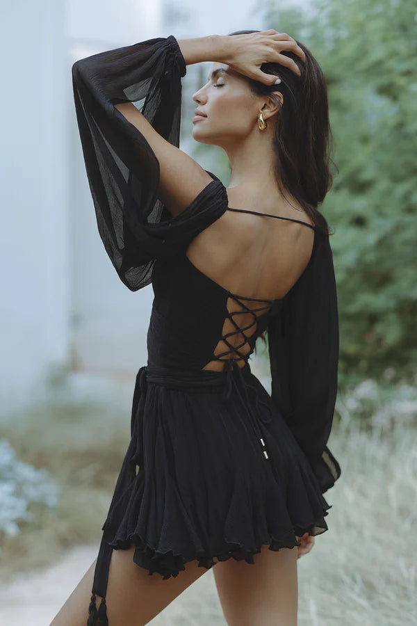Chiffon Dress With Bishop Sleeves and Ruffled Skirt