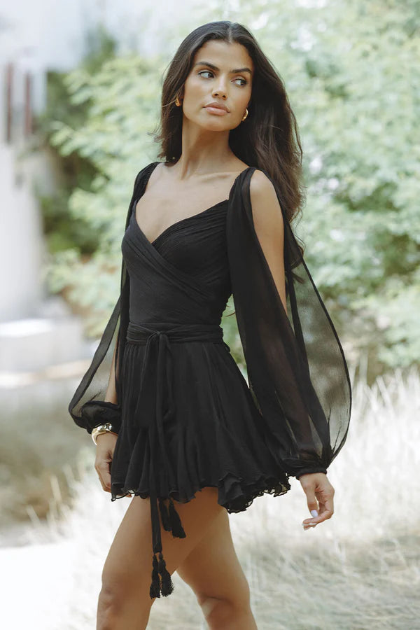 Chiffon Dress With Bishop Sleeves and Ruffled Skirt