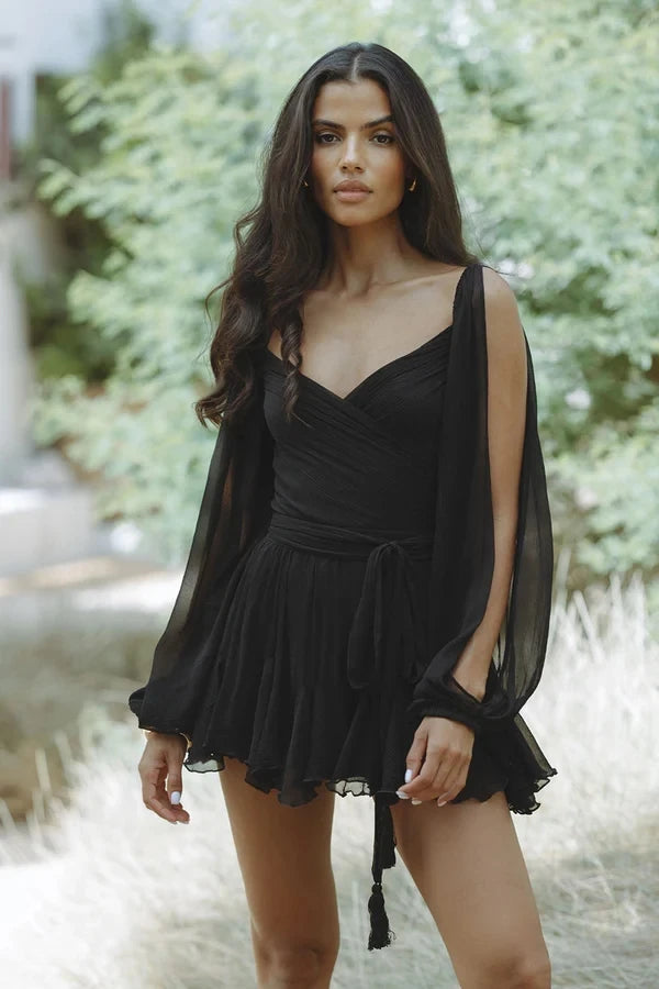 Chiffon Dress With Bishop Sleeves and Ruffled Skirt