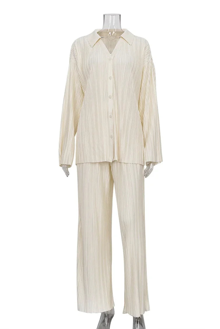 Color Pleated Long Sleeve Pants Set