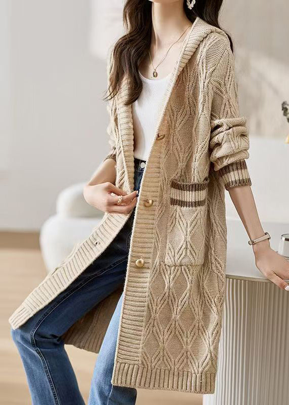 Classy Beige Hooded Pockets Knit Loose Cardigan Fall Qs020