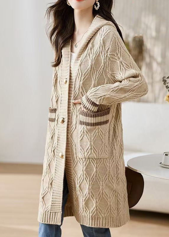 Classy Beige Hooded Pockets Knit Loose Cardigan Fall Qs020