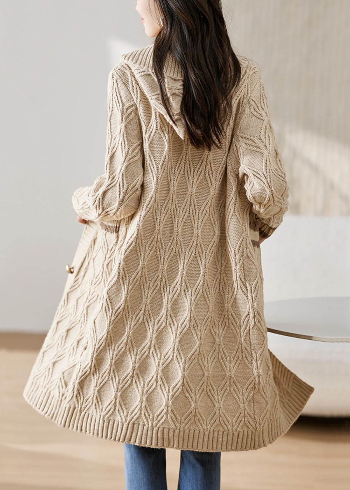 Classy Beige Hooded Pockets Knit Loose Cardigan Fall Qs020