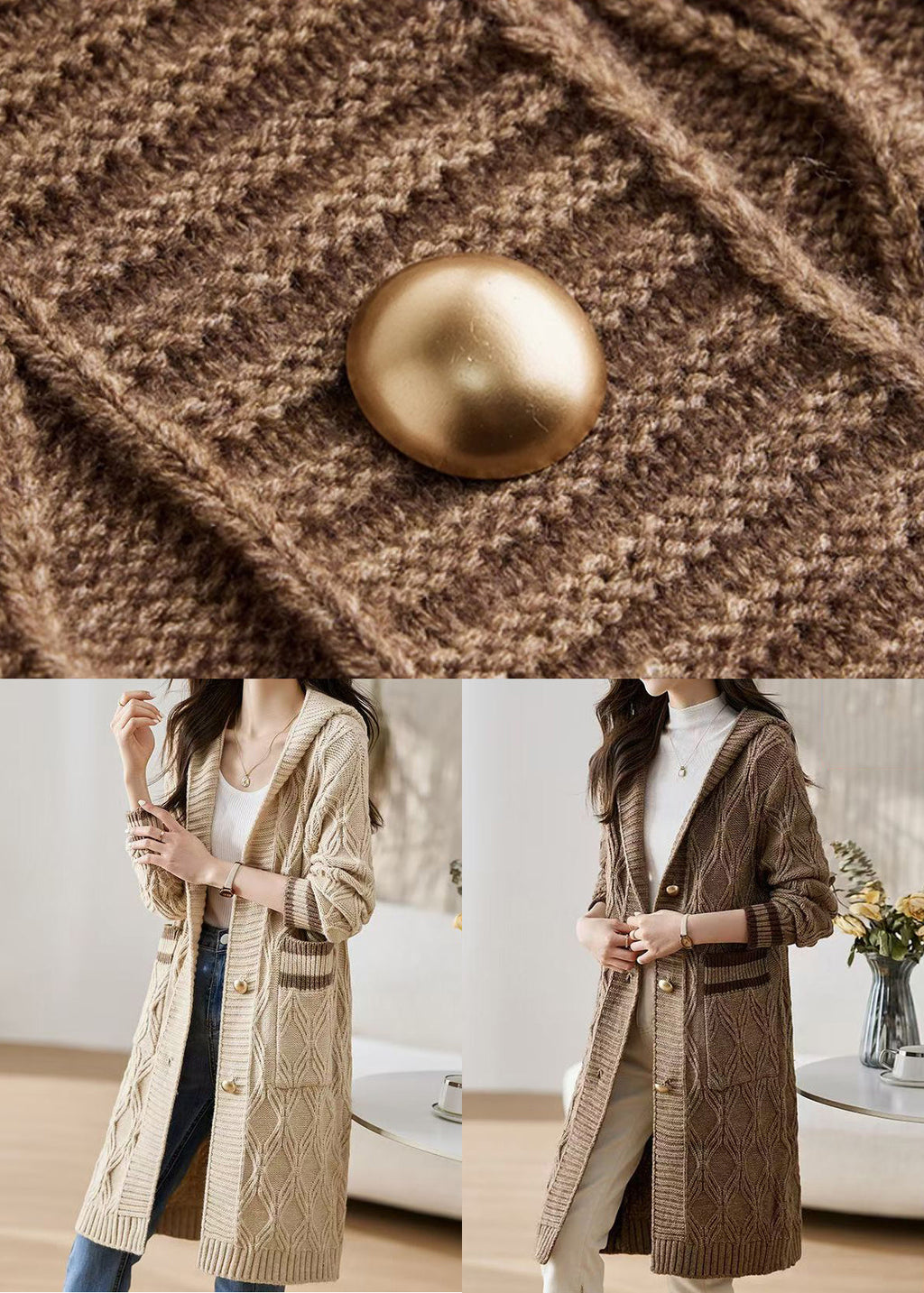 Classy Beige Hooded Pockets Knit Loose Cardigan Fall Qs020