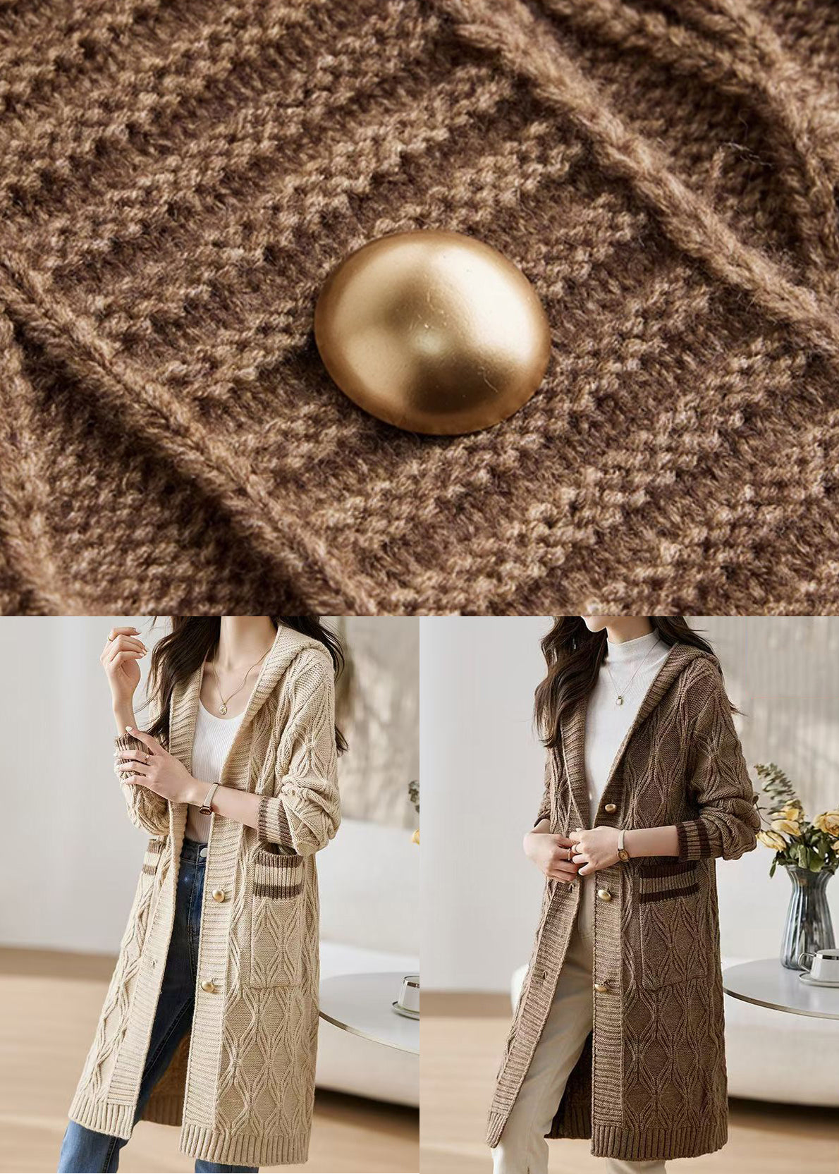 Classy Beige Hooded Pockets Knit Loose Cardigan Fall Qs020