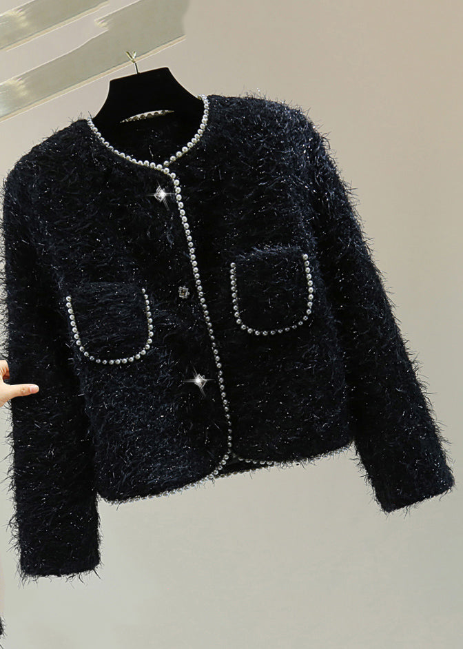 Classy Black O-neck Pockets Patchwork Nail Bead Coats Winter