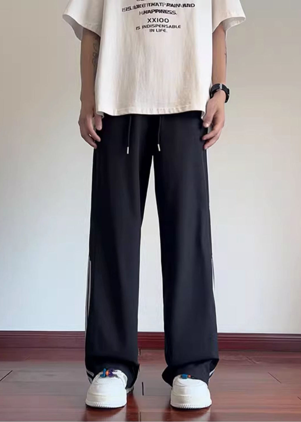 Spring Classy Black Pants Oversized Striped Cotton