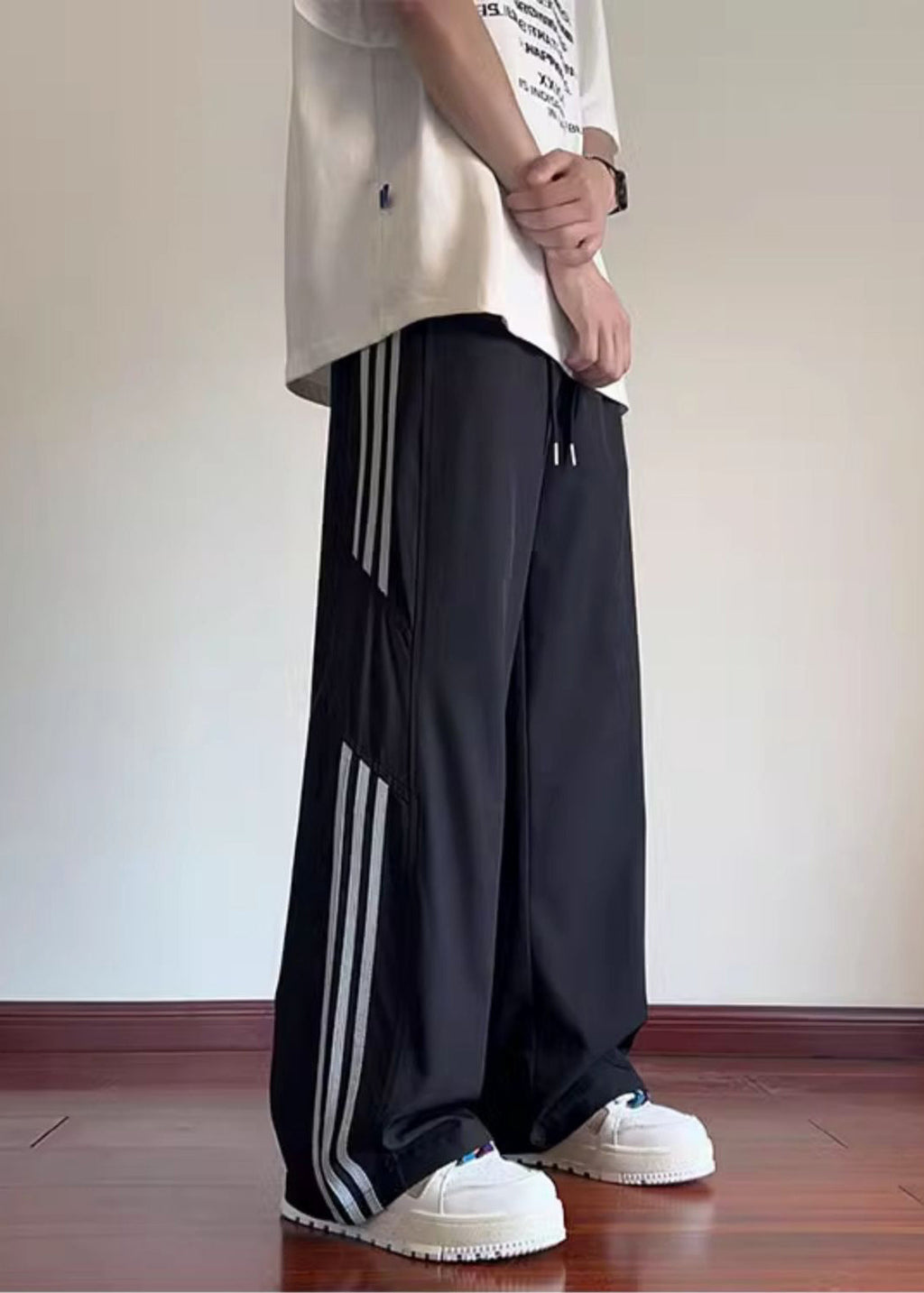 Spring Classy Black Pants Oversized Striped Cotton
