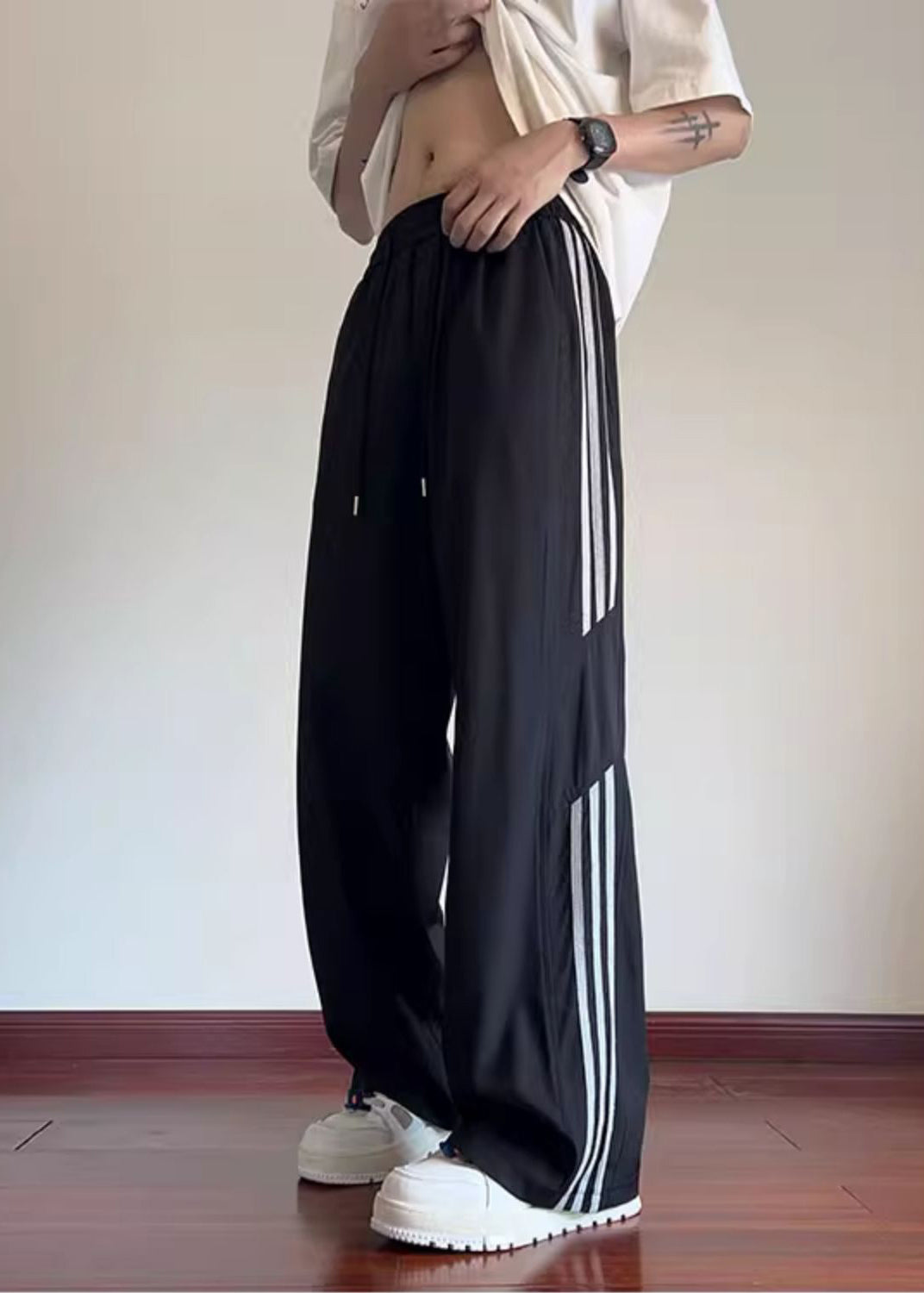 Spring Classy Black Pants Oversized Striped Cotton