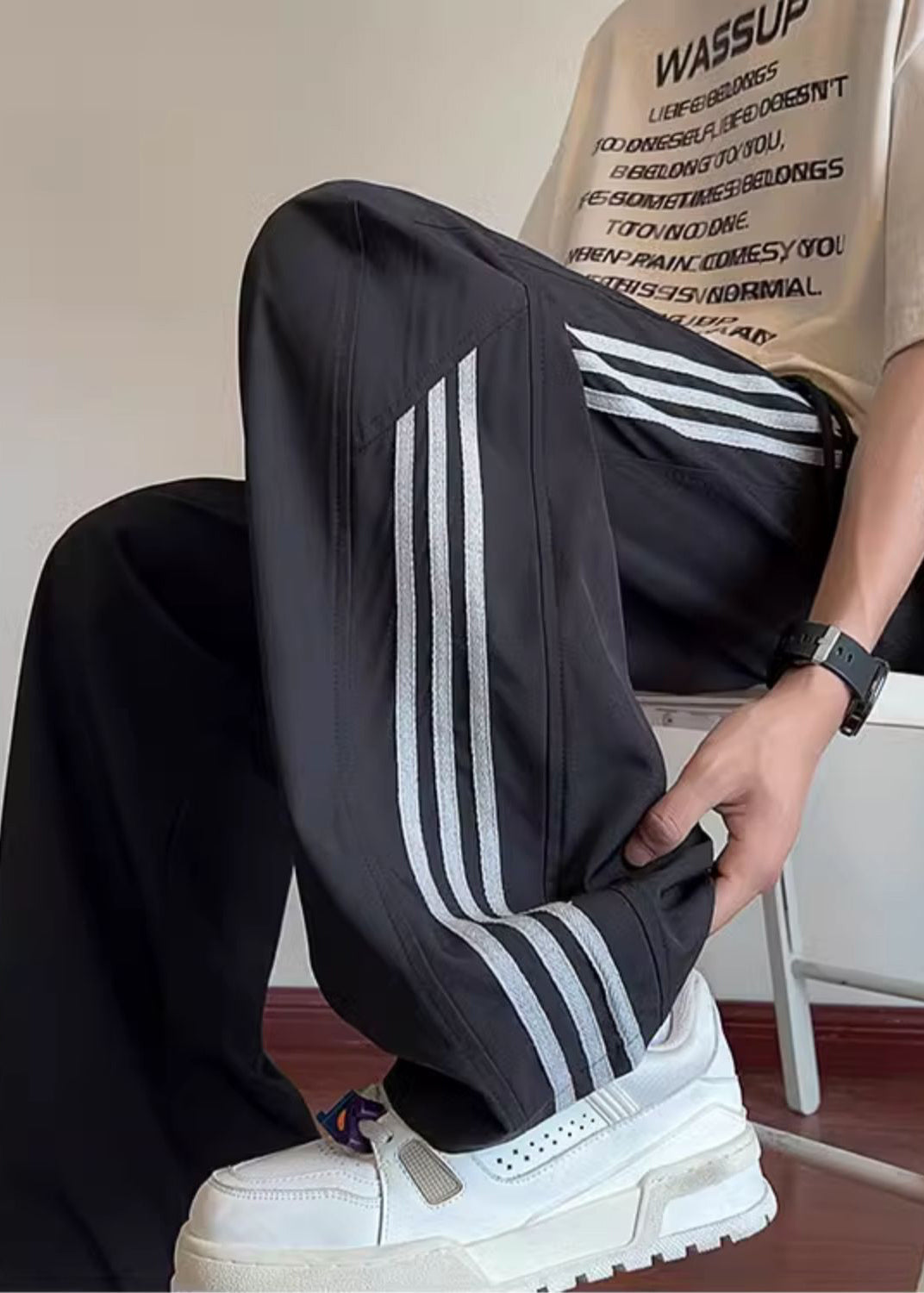 Spring Classy Black Pants Oversized Striped Cotton