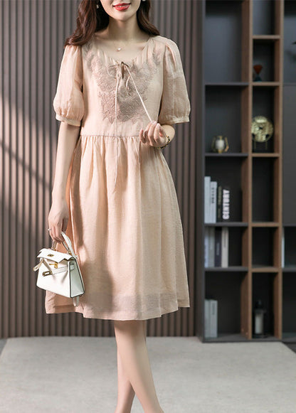 Classy Pink O-neck Embroideried Linen Maxi Dresses Summer Ly1753