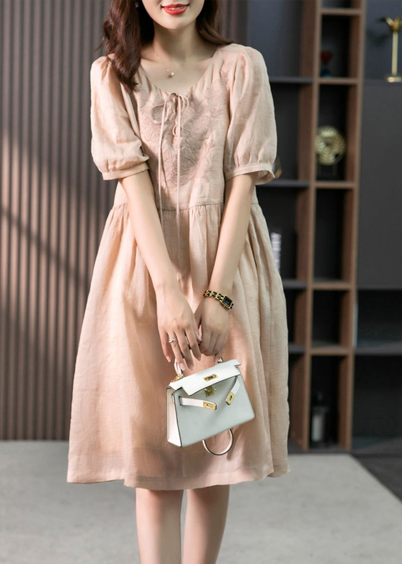 Classy Pink O-neck Embroideried Linen Maxi Dresses Summer Ly1753