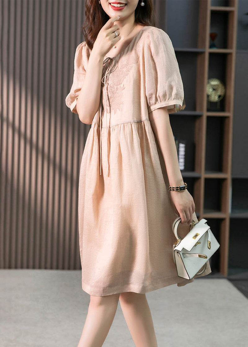 Classy Pink O-neck Embroideried Linen Maxi Dresses Summer Ly1753