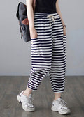 Classy Striped Embroideried Drawstring Elastic Waist Draping Crop Pants Summer Ly0664