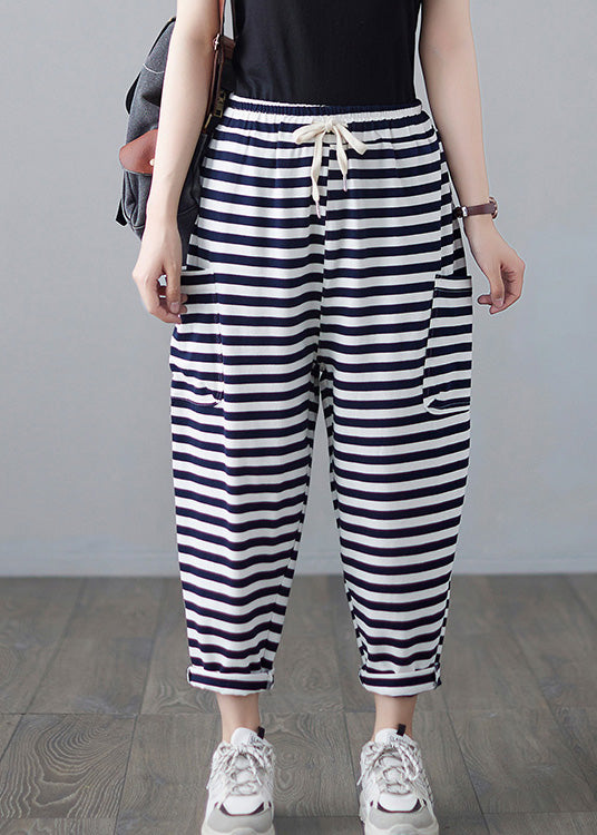 Classy Striped Embroideried Drawstring Elastic Waist Draping Crop Pants Summer Ly0664